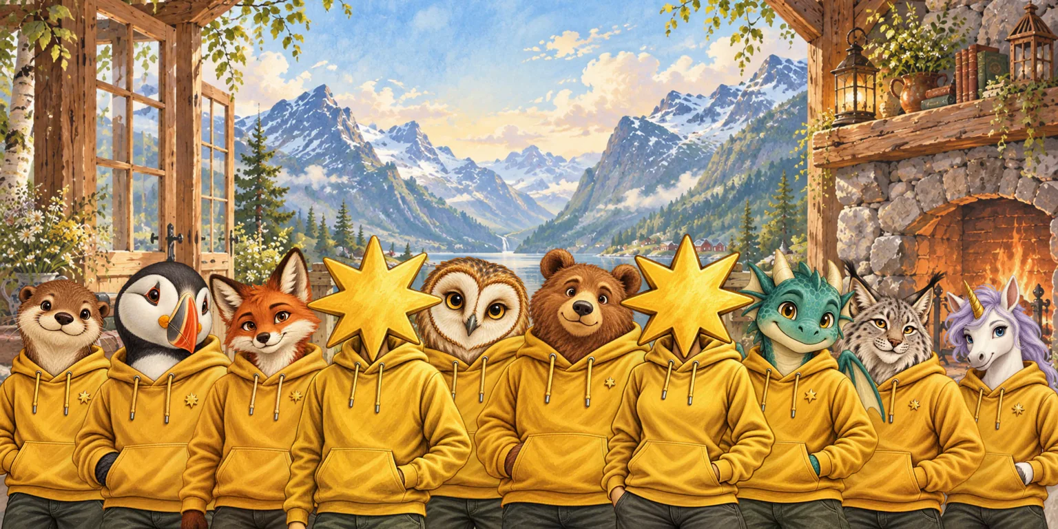 Ten Native characters in yellow hoodies, among them an otter, a puffin, a fox, an owl, a bear, a dragon, a lynx, a unicorn and the star characters Novi and Nova