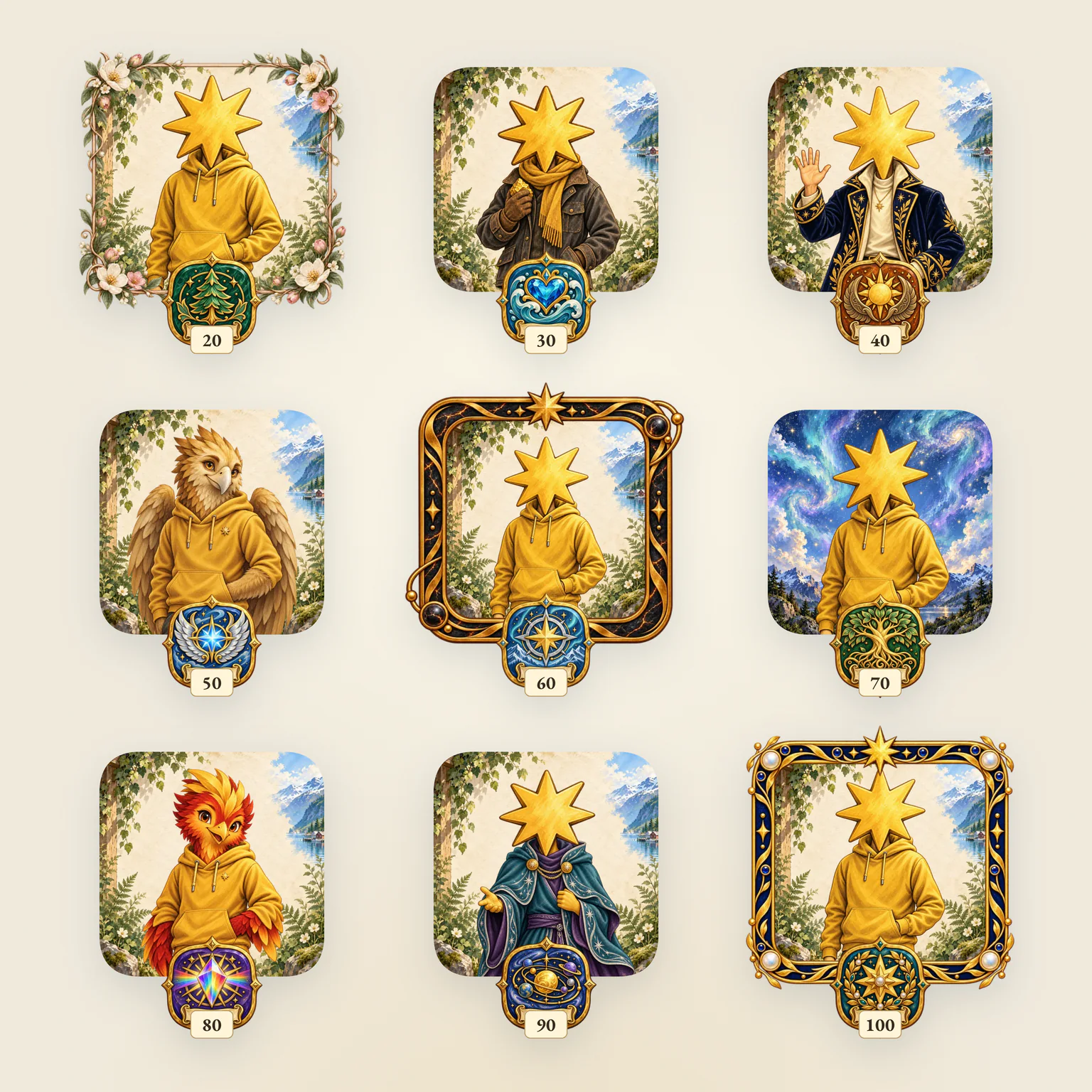 Nine portraits of Native's star character showing the rewards for levels 20 to 100: frames, outfits, a gryphon, a phoenix and a starry sky, each with the emblem of its level