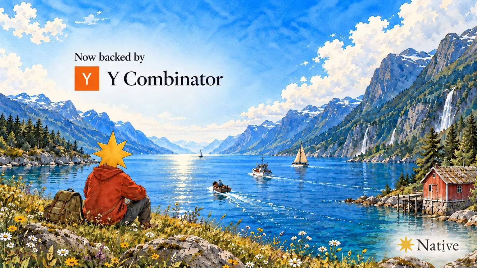 A star headed figure in a Native hoodie sits on a fjord bank, watching boats head out toward open water