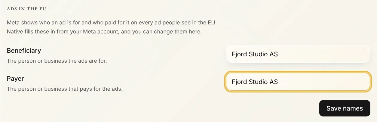Beneficiary and Payer in Native, both filled in with Fjord Studio AS