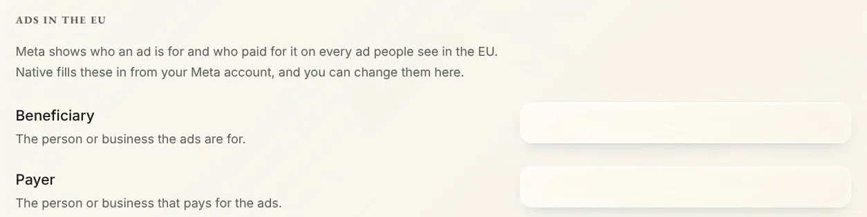 Ads in the EU in Native's Ad settings: what Meta shows on ads in the EU, with Beneficiary and Payer
