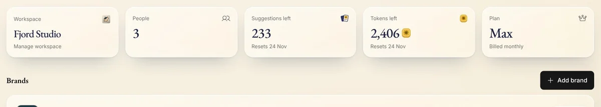 Settings' overview in Native: the workspace's figures above, and Add brand beside Brands