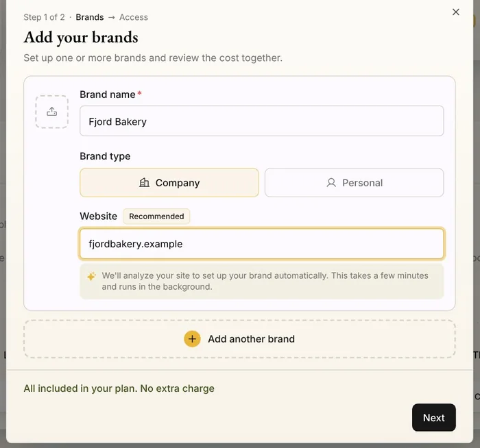 Add your brands in Native: Fjord Bakery as the brand name, Company picked, its website, and All included in your plan. No extra charge