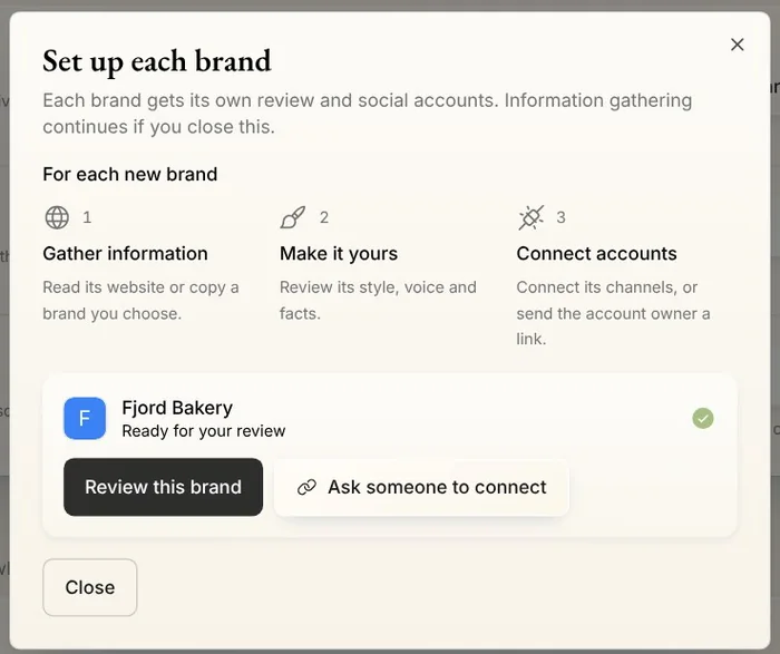 Set up each brand in Native: Fjord Bakery, Ready for your review, with Review this brand