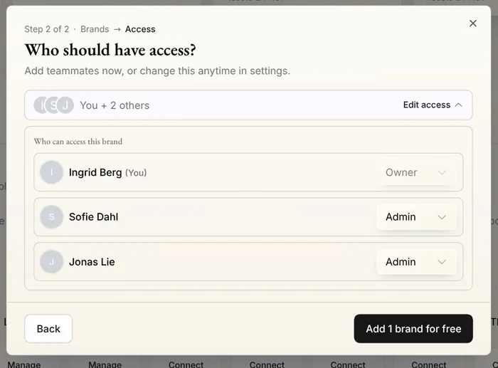 Who should have access? in Native's Add brand: Ingrid Berg as Owner, Sofie Dahl and Jonas Lie as Admin, and Add 1 brand for free