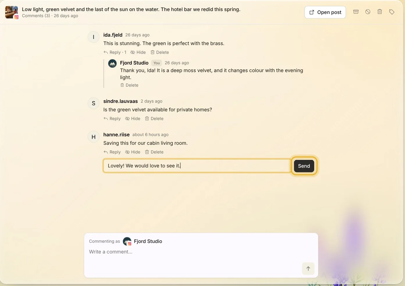 Comments on the post about the hotel bar: a reply written under hanne.riise's comment, with its Send button ringed