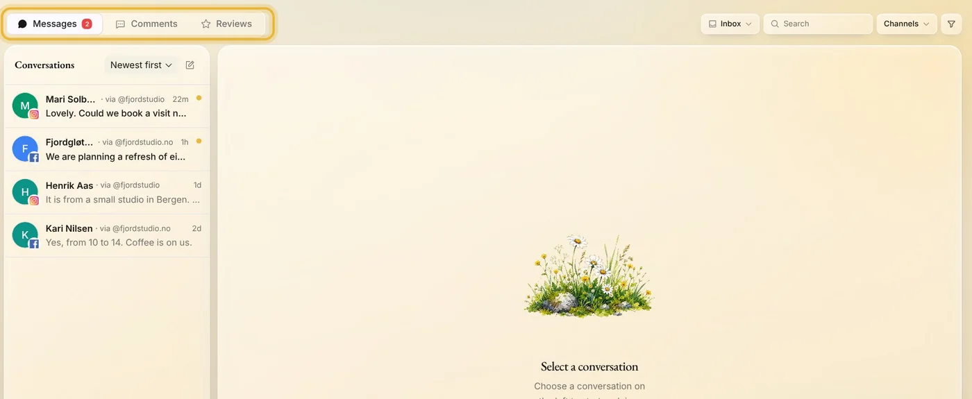 Inbox in Native: the tabs Messages, Comments and Reviews above Fjord Studio's conversations, with Mari Solberg's new message on top