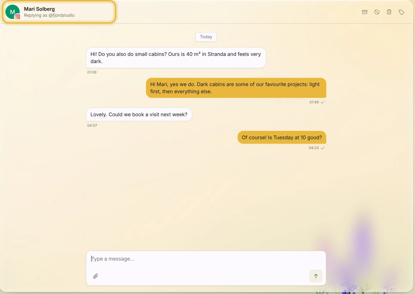 Mari Solberg's conversation, replying as @fjordstudio: her question, then the studio's answer, Of course! Is Tuesday at 10 good?