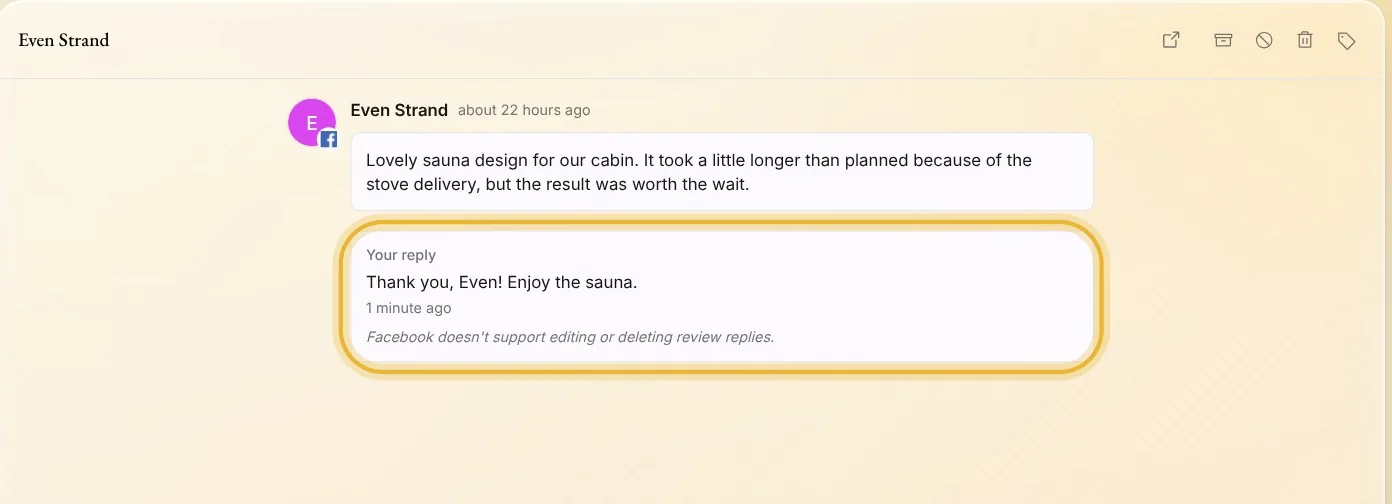 Reviews: Even Strand's recommendation about a cabin sauna, and the studio's thank-you under it, ringed