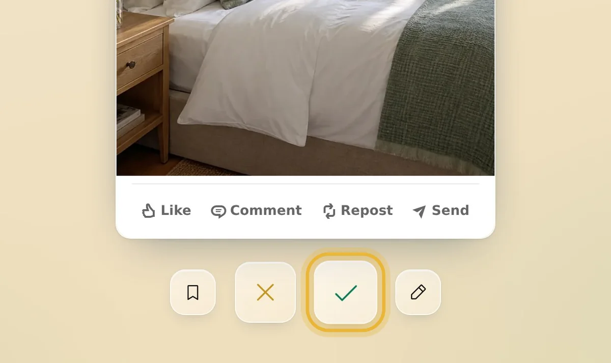 The buttons under a card, with the green check that approves the post ringed