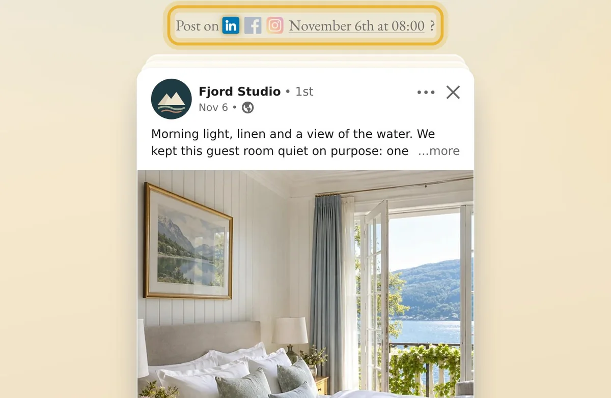 A card in the deck: Fjord Studio's post with its picture and caption, and above it the planned channels and date