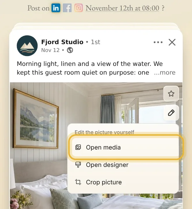 The pencil on the card's picture opens a menu: Open media, Open designer and Crop picture. Open media is ringed