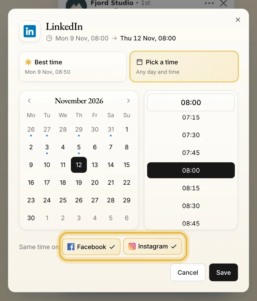 The date window: Thursday 12 November picked, and Facebook and Instagram tapped under Same time on so they move too