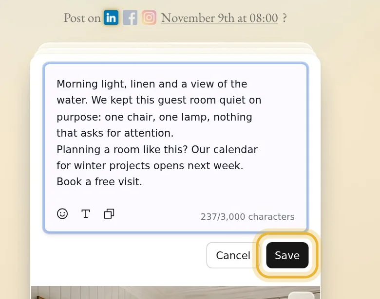 The card's words open where they sit, with a new last sentence typed in, and Cancel and Save under them. Save is ringed
