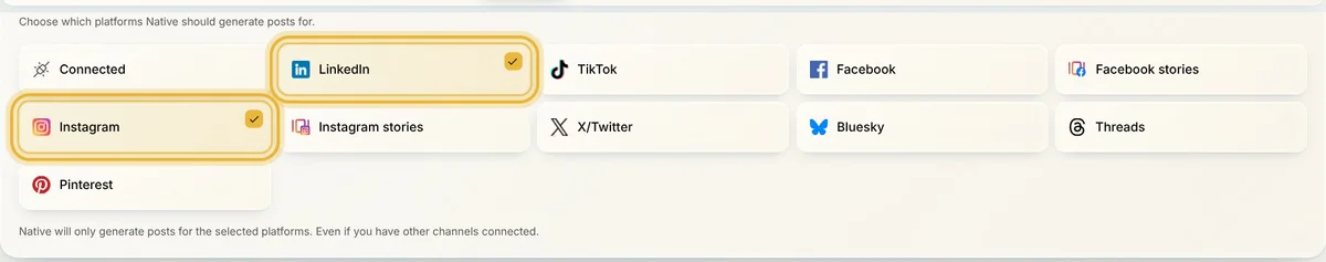 Auto-generated platforms in Native with LinkedIn and Instagram picked instead of Connected