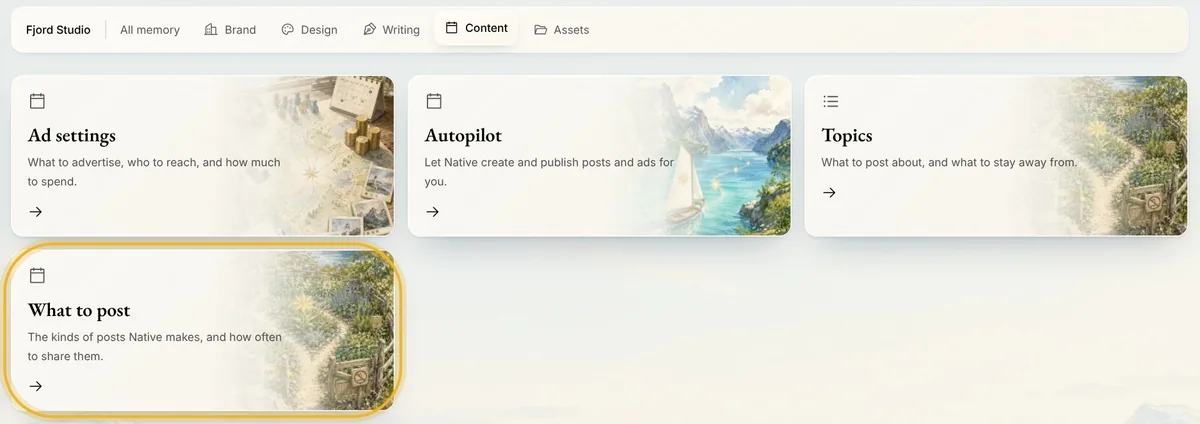 Memory's Content in Native: Ad settings, Autopilot, Topics and What to post