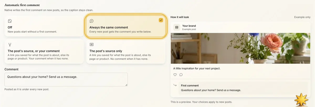 Automatic first comment in Native: Always the same comment picked, the comment written, and the preview with it as the first comment