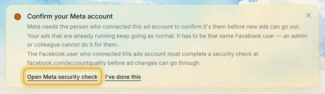 The notice in Native with Open Meta security check, the button to Meta's Account Quality page