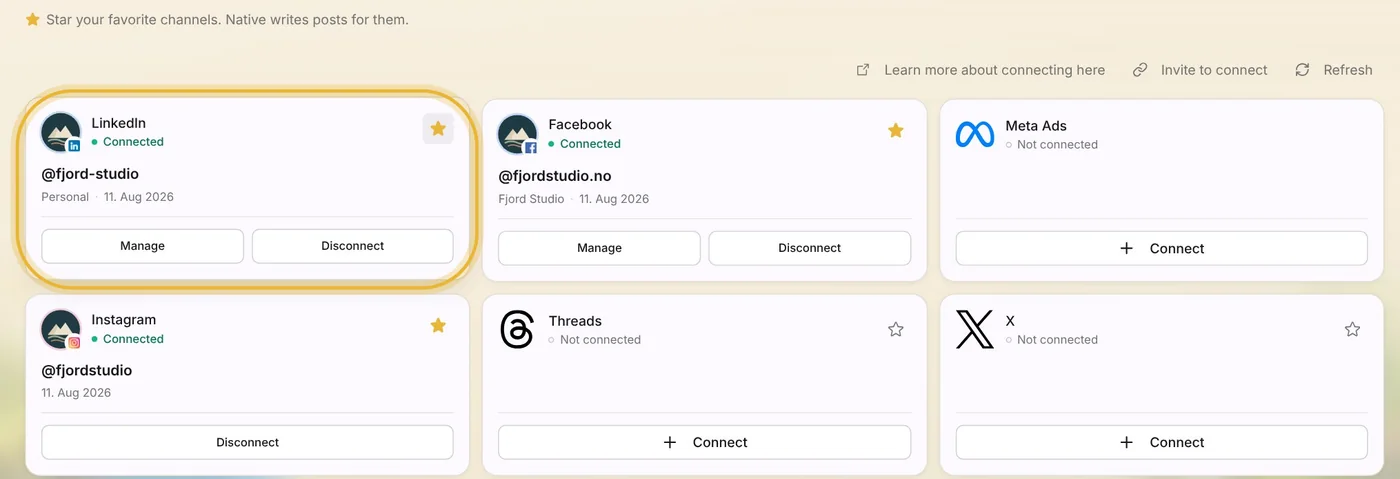 Fjord Studio's connections: LinkedIn, Facebook and Instagram show Connected with a gold star, Meta Ads, Threads and X show Not connected
