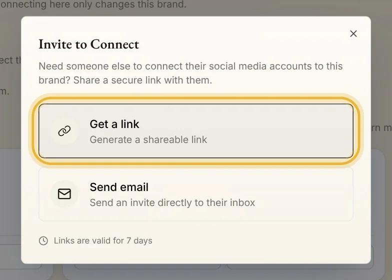 The Invite to Connect window: Get a link, ringed, or Send email. Links are valid for 7 days