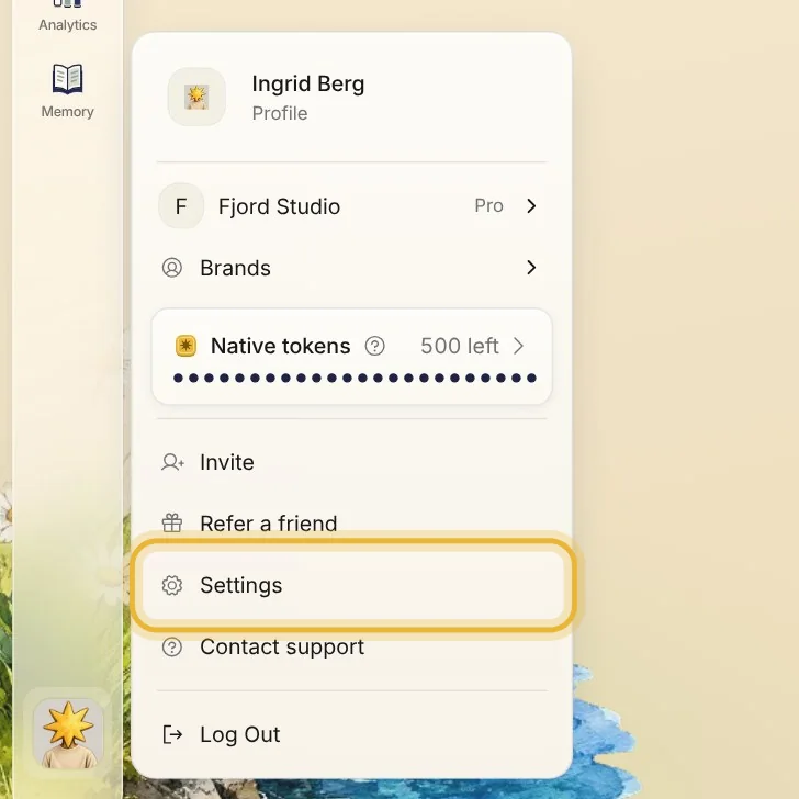 The menu at the bottom left of Native, open: your profile, the workspace, Brands, Native tokens, Invite, Settings and Log out. Settings is ringed