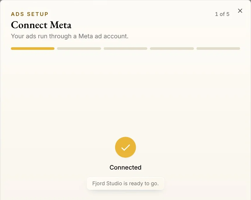 Ads setup in Native after Facebook: Connect Meta, Connected, Fjord Studio is ready to go