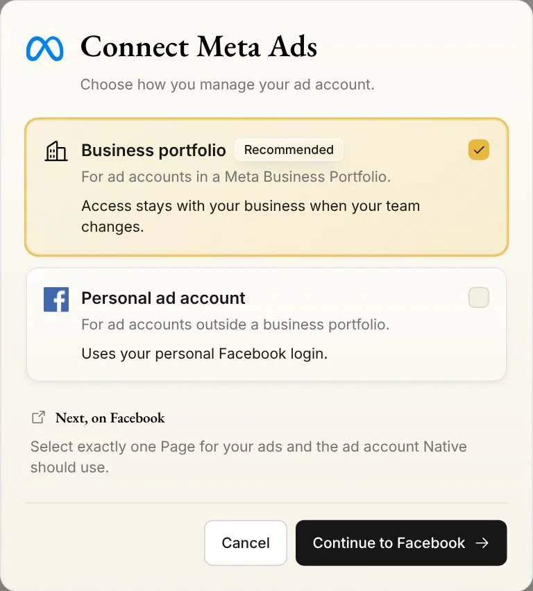 Connect Meta Ads in Native: Business portfolio, recommended and picked, and Personal ad account, with what to select next on Facebook