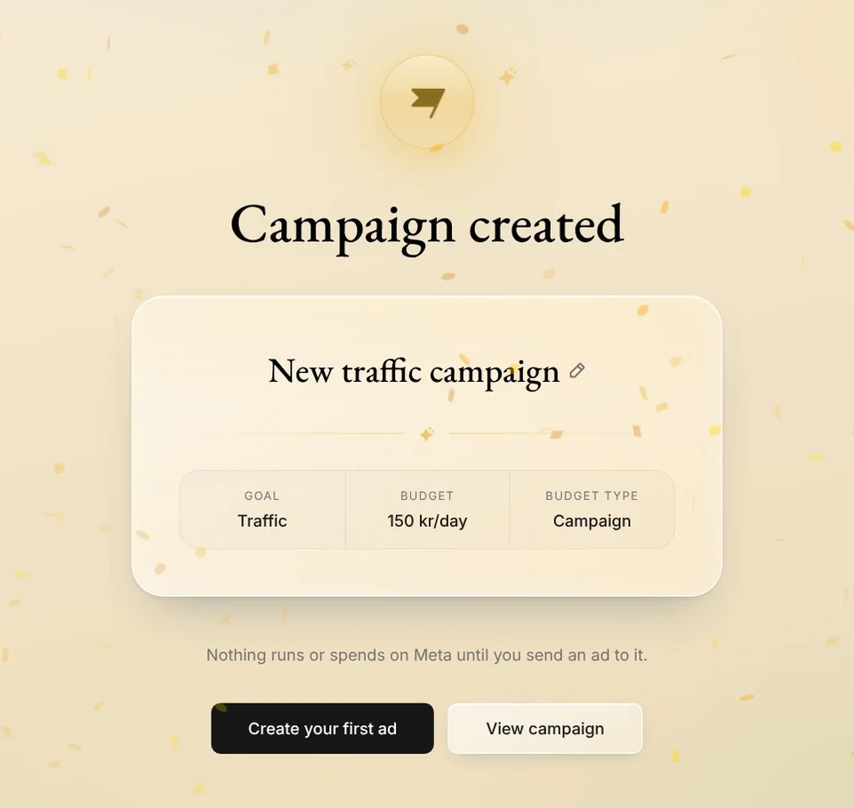 Campaign created: New traffic campaign, Traffic, 150 kr a day, a campaign budget, with Create your first ad and View campaign