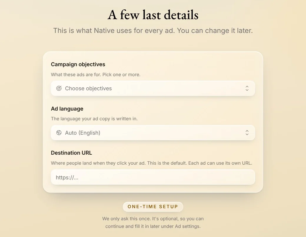 A few last details: Campaign objectives, Ad language and Destination URL, all optional