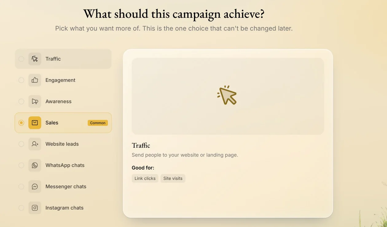 What should this campaign achieve? in Native: eight goals from Traffic to Instagram chats, with Traffic and what it is good for
