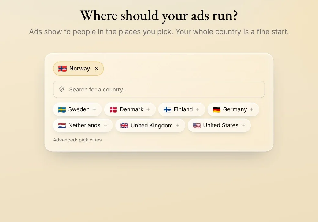 Where should your ads run? Norway picked among the countries, with a search for a country and Advanced: pick cities