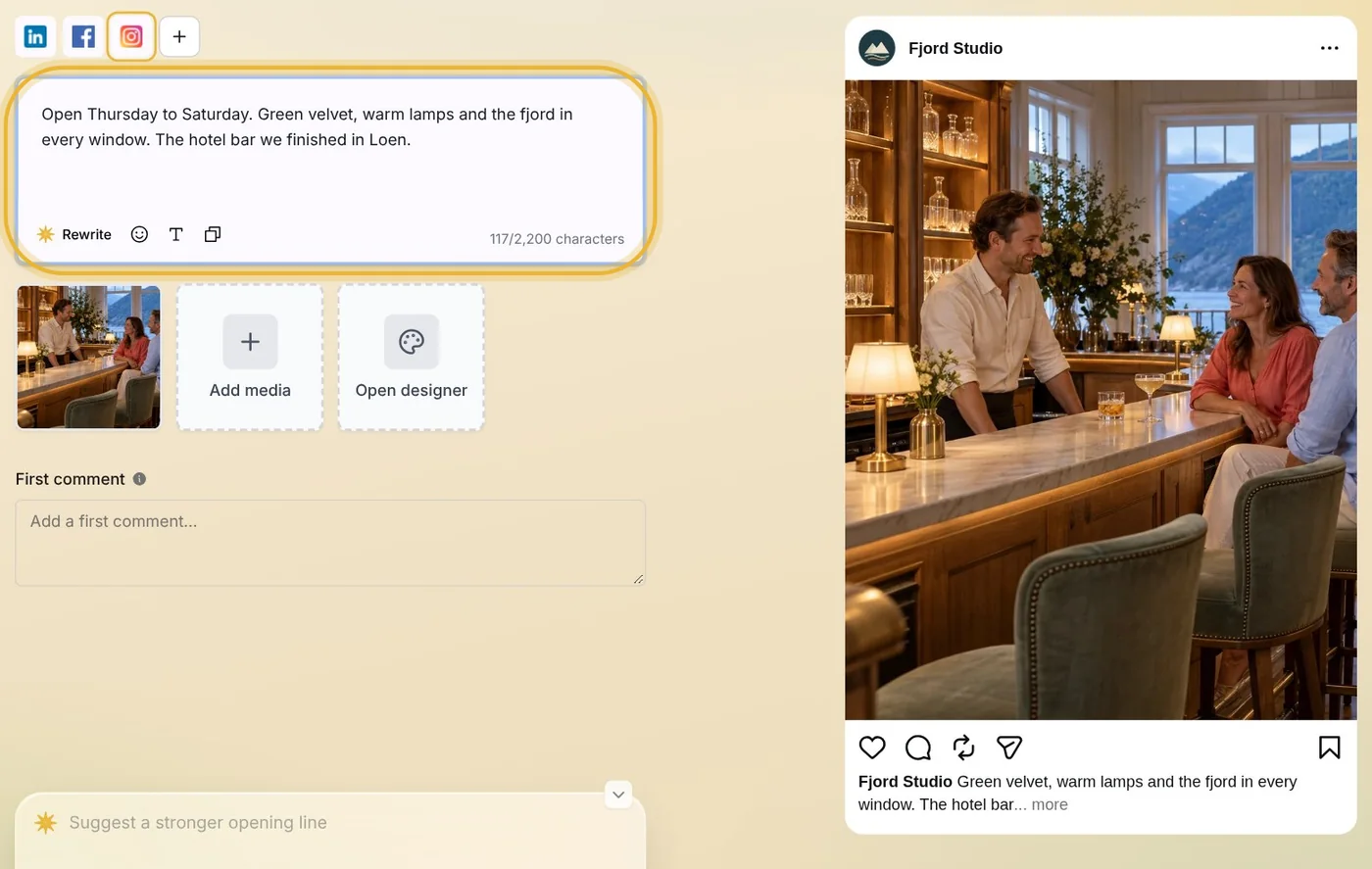 The Instagram caption, ringed, now starting Open Thursday to Saturday, with its count of 117 of 2,200 characters. The preview beside it shows the new words