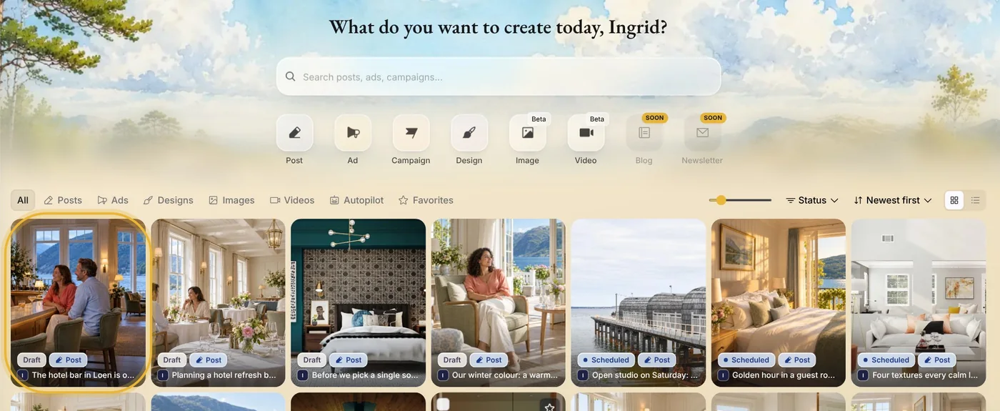 Create in Native: the tiles for a post, an ad and more above the grid of everything Fjord Studio has made. The draft about the hotel bar in Loen, first in the grid, is ringed