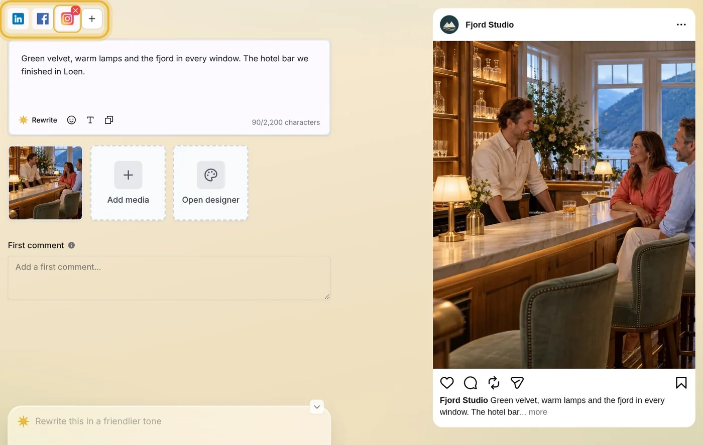 The post editor: tabs for LinkedIn, Facebook and Instagram above the caption, with Instagram picked and ringed. Beside it, the post's Instagram preview