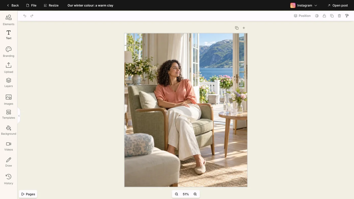Designer: the post's picture open as a page, with the tools Elements, Text, Branding, Layers and more down the left