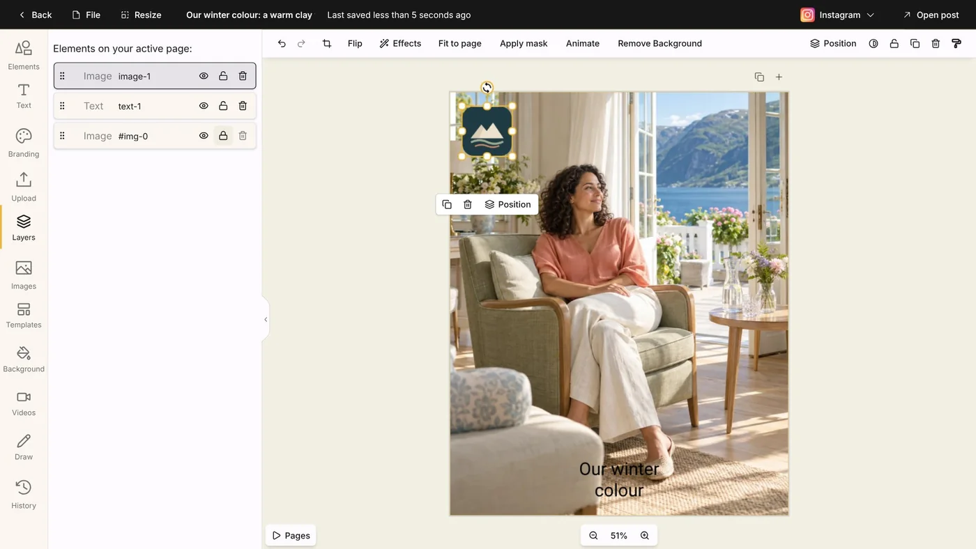 Layers in Designer: the logo, the text and the photo, each with its eye, lock and delete buttons, with the photo locked