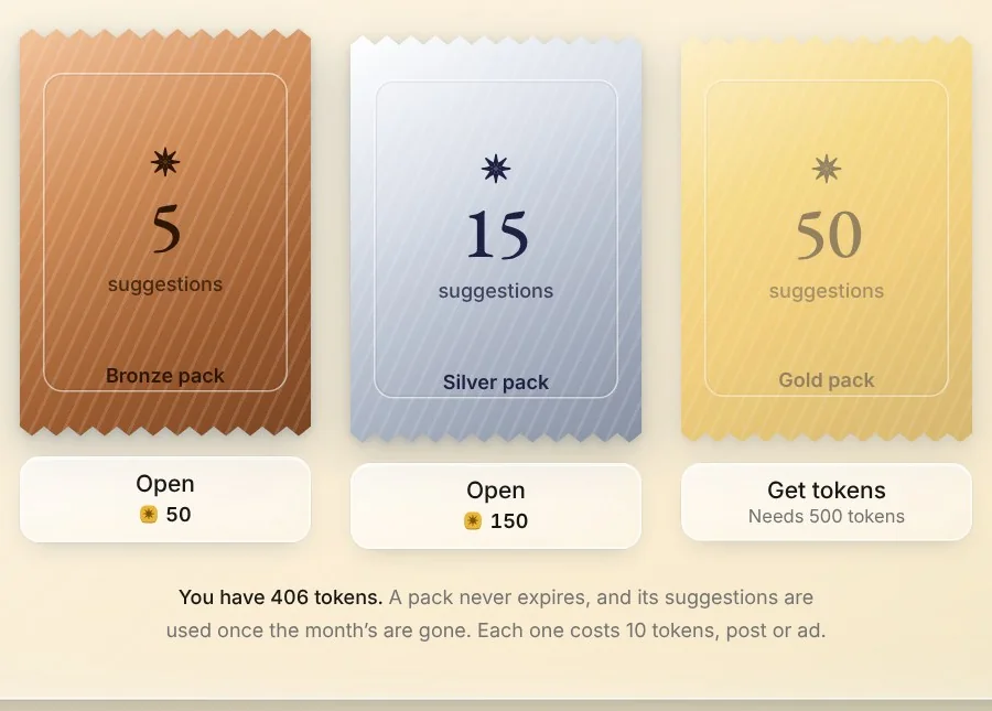 Suggestion packs in Native: Bronze 5 for 50 tokens, Silver 15 for 150, Gold 50 for 500
