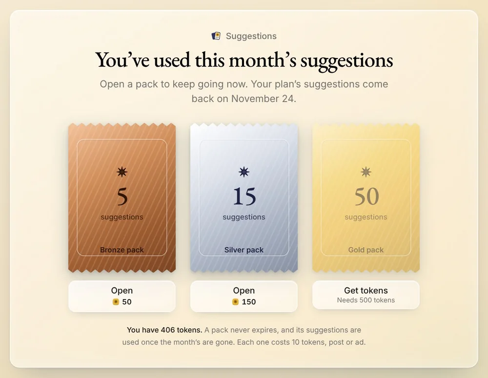The Suggestions deck with none left: You've used this month's suggestions, and the day the plan's come back