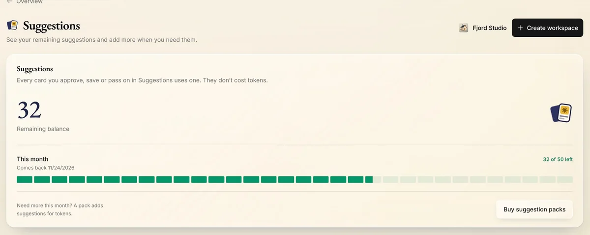 Suggestions in Native's Settings: 32 remaining, and this month's row, 32 of 50 left, coming back on the plan's day