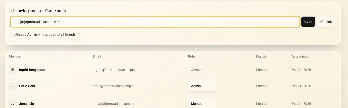 People: Invite people to Fjord Studio, with an email address added as a chip, and the team below