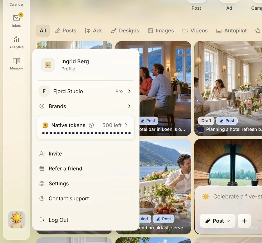 The account menu in Native, opened from the picture at the bottom of the bar, with Invite among its choices