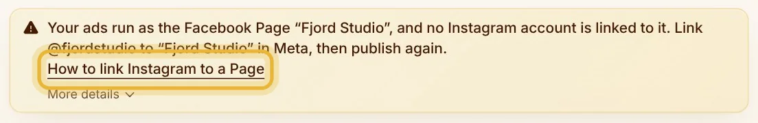 The same message in Native, with How to link Instagram to a Page under it