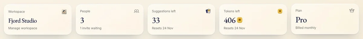 Settings' overview in Native: the workspace Fjord Studio, People 3, Suggestions left 33, Tokens left 406 and the Pro plan