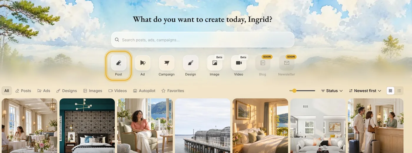 Create in Native: the tiles for a post, an ad, a campaign, a design, an image and a video, above everything Fjord Studio has made. The Post tile is ringed