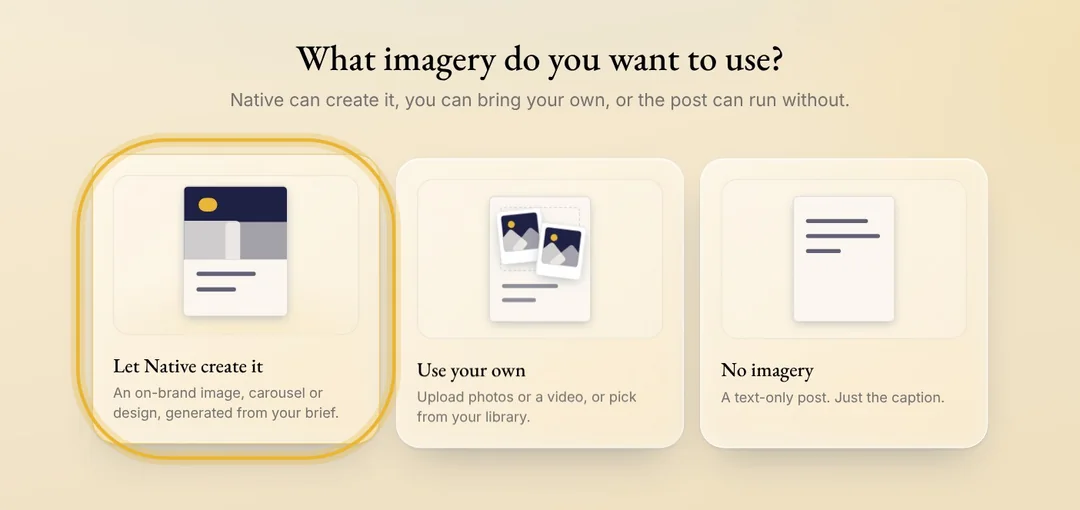 The wizard's first question, What imagery do you want to use?, with Let Native create it ringed beside Use your own and No imagery