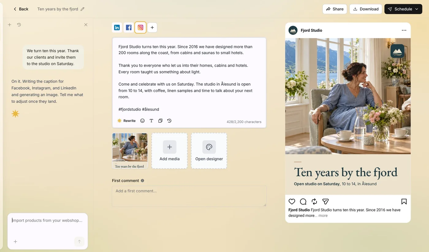 The new draft in the editor: Native's caption for Instagram, and its picture, Ten years by the fjord, in Fjord Studio's colors, fonts and logo. The idea and Native's note are in the chat on the left