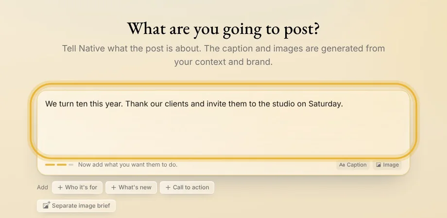 What are you going to post?, with the idea typed in and ringed: We turn ten this year. Thank our clients and invite them to the studio on Saturday.