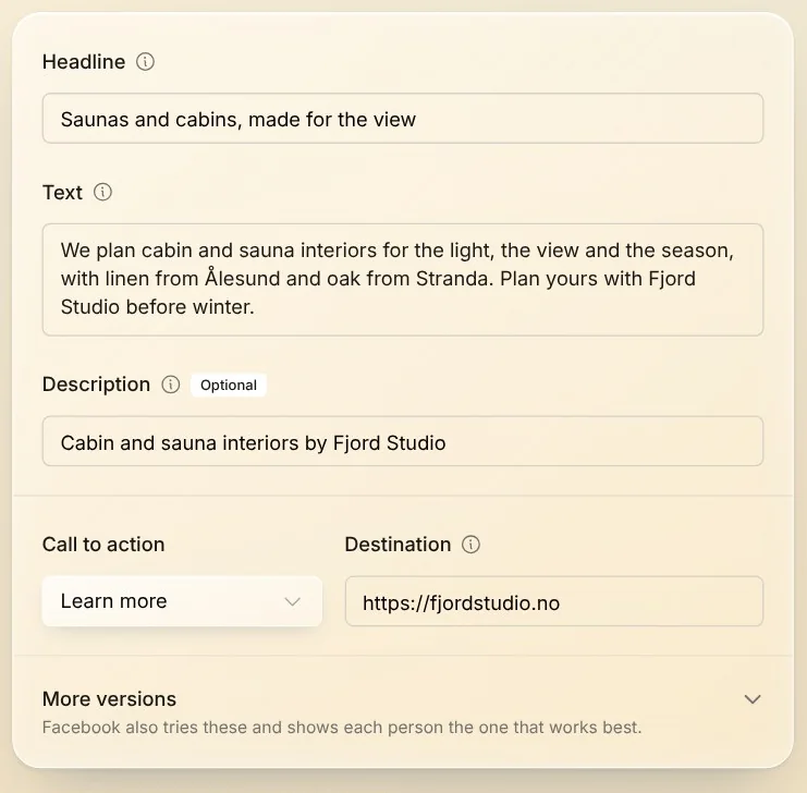 The ad's Headline, Text, Description, Call to action and Destination, ready to change