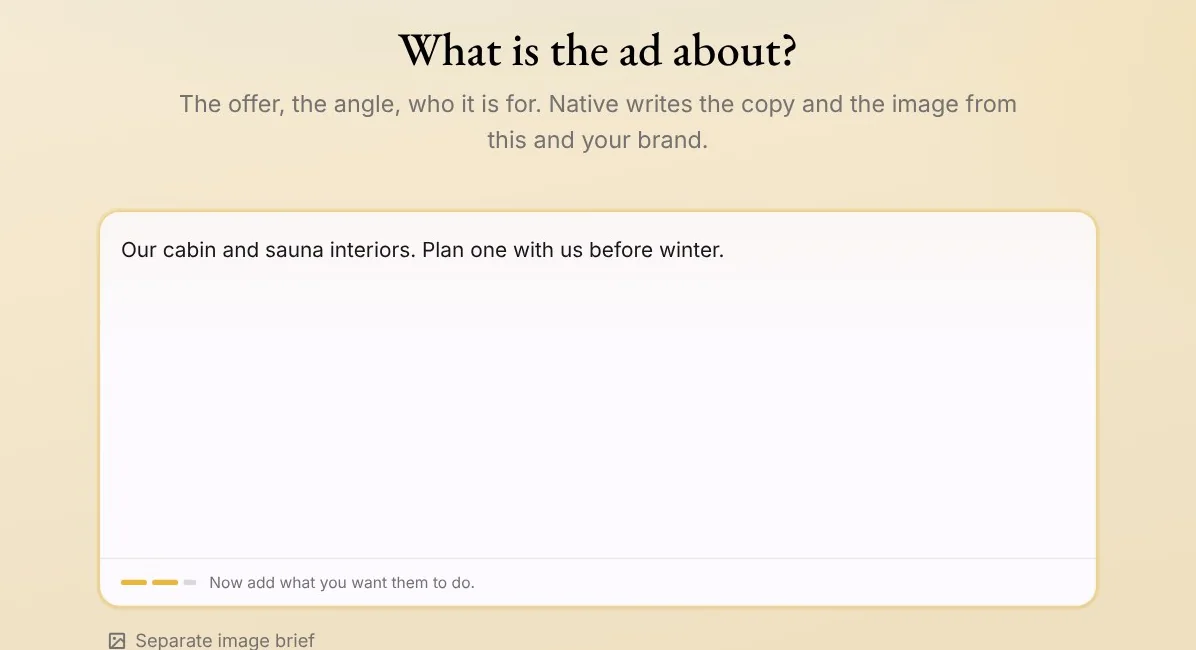 What is the ad about? The brief typed: our cabin and sauna interiors, plan one with us before winter