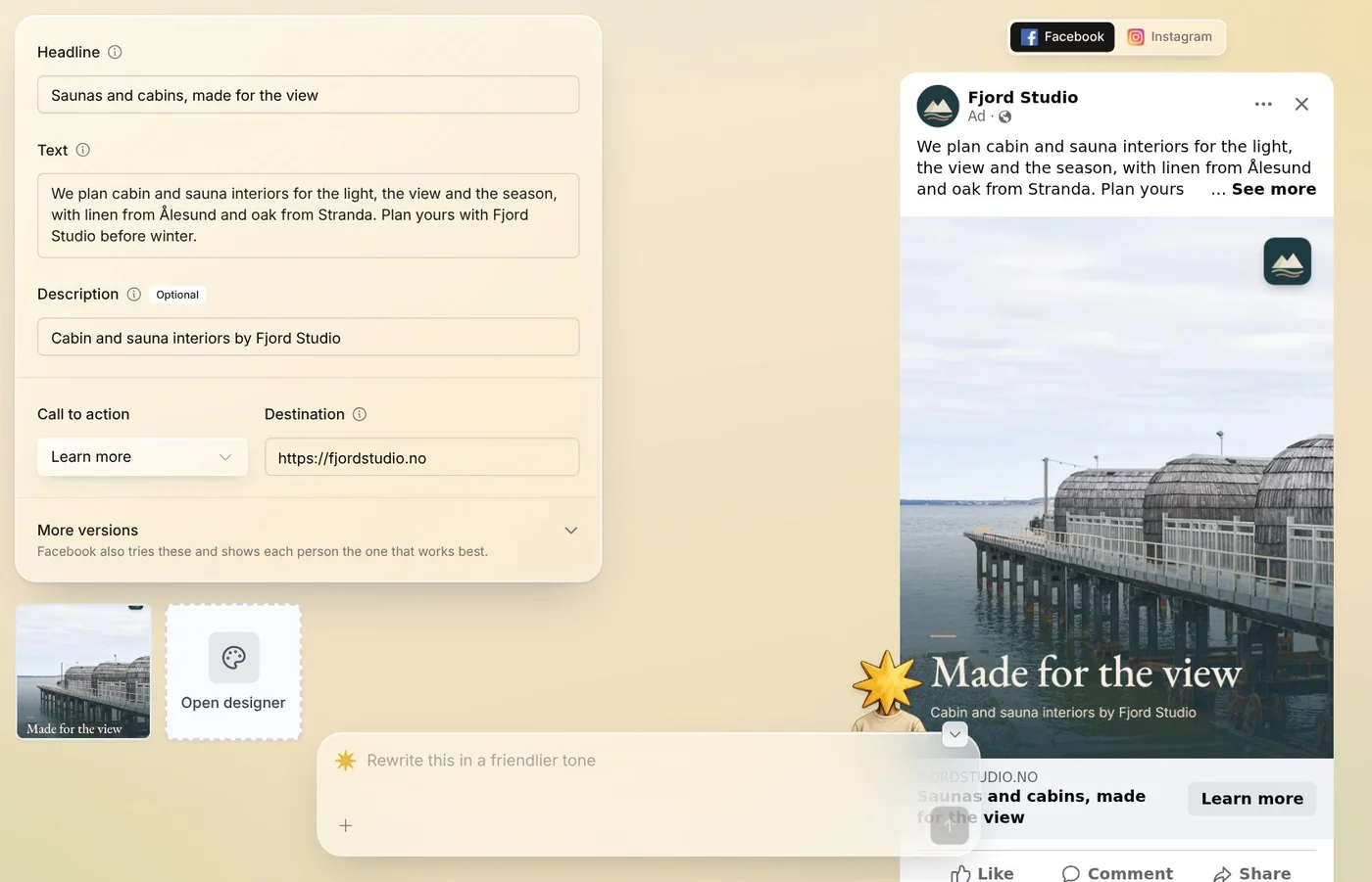 The ad in Native's editor: the headline, text and description beside the Facebook preview of saunas on a pier, Made for the view
